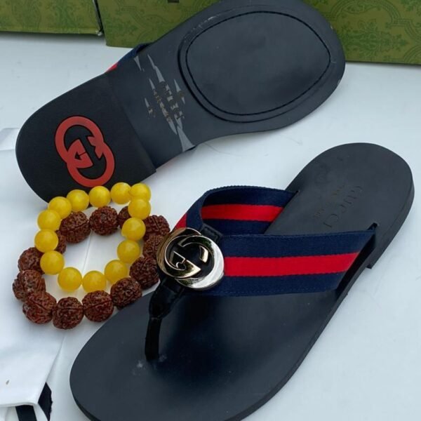 Black Thong Sandals with Red Blue Stripe Interlocking G Logo