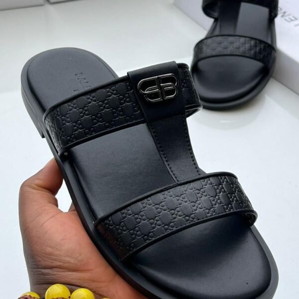 Black Leather Embossed Pattern Logo Buckle Sandals