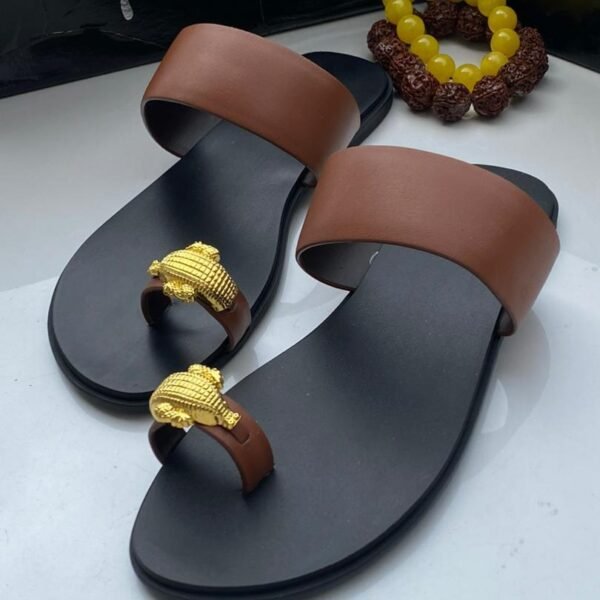 Black and Brown Leather Slide Sandals