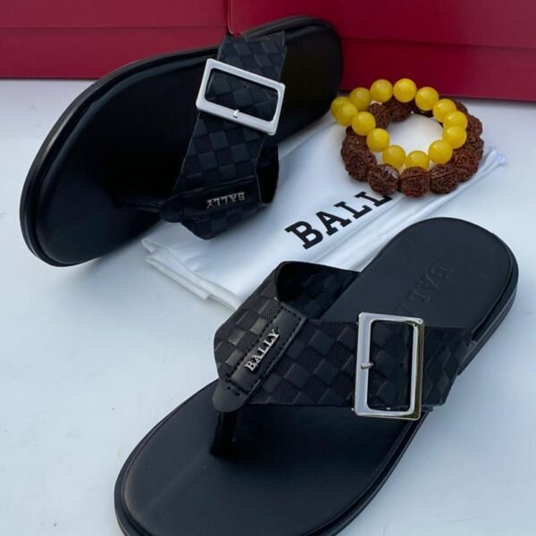 Black Leather Checkerboard Textured Slip On Sandals