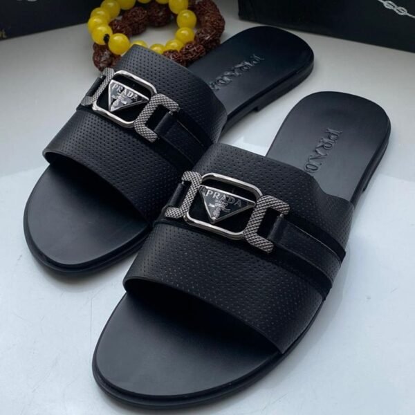 Prada Black Perforated Leather Slide Sandals
