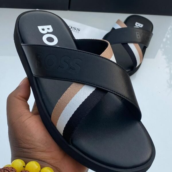 BOSS Darrel Black Leather Cross Strap Slide Sandals