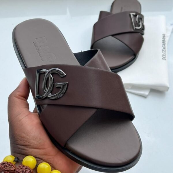 Dolce and Gabbana Brown Leather Crossover Slide Sandals