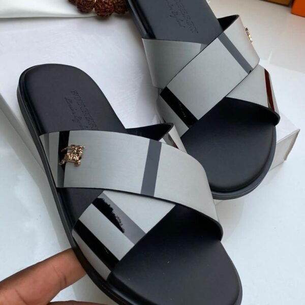 Grey and Black Cross Strap Slide Sandals