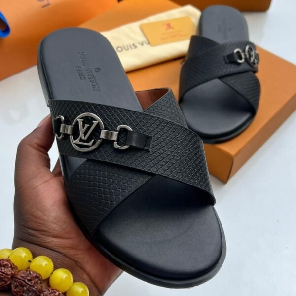 black leather criss cross slide sandals