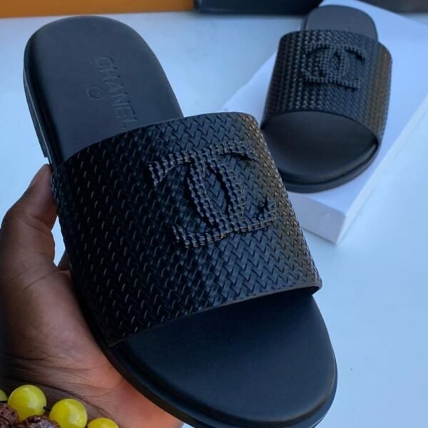 black woven slide sandals