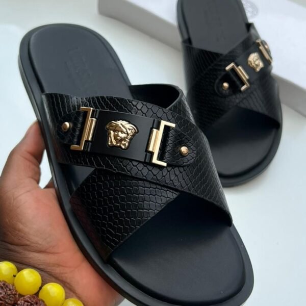 black textured leather slide sandals