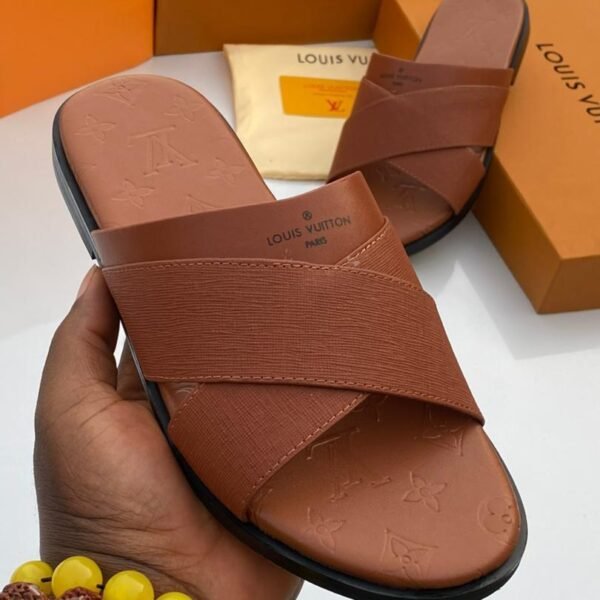 brown leather slide sandals