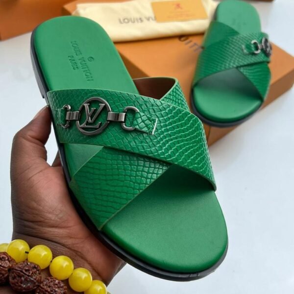 Louis Vuitton Green Textured Leather Crisscross Slide Sandals