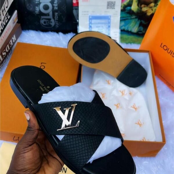 black leather slide sandals