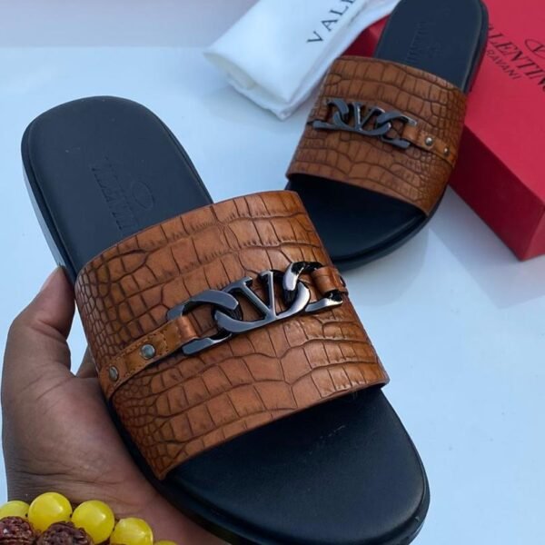 brown crocodile embossed leather slide sandals