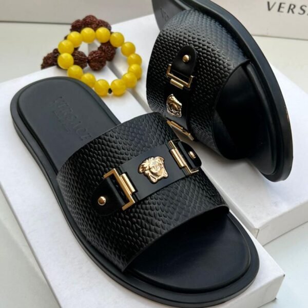 black textured leather slide sandals