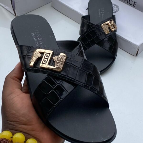 black croc textured slide sandals