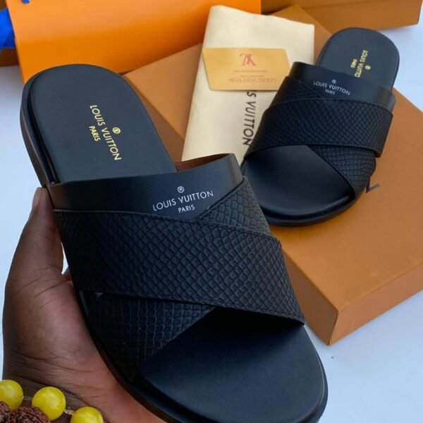 Louis Vuitton black leather slides