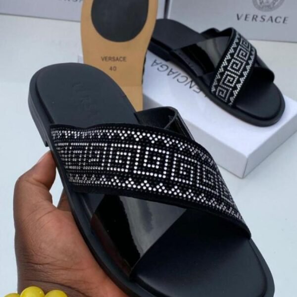 black leather slide sandals