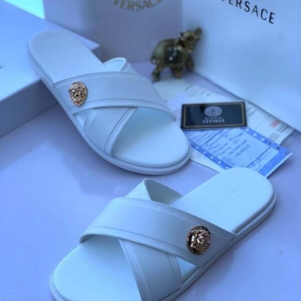 white cross strap slide sandal